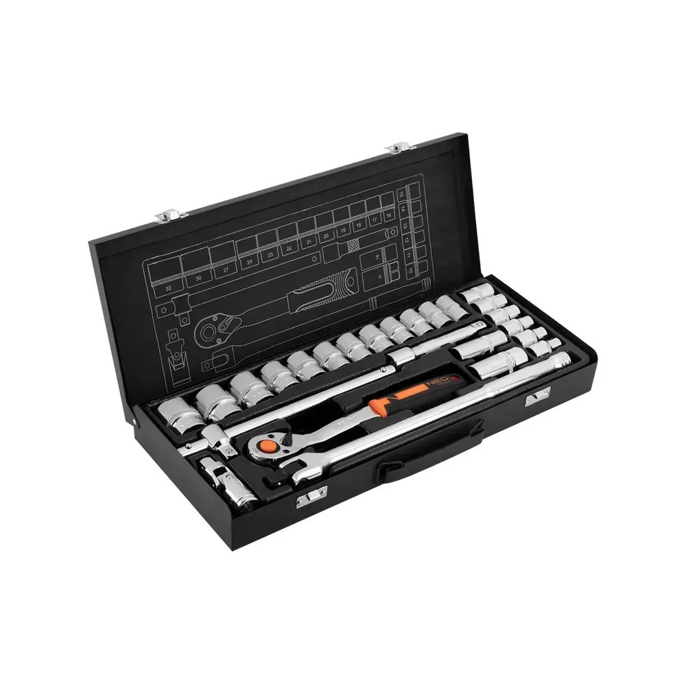 NEO Tools 25PCS 1/2" CRV socket set with ergonomic ratchet
