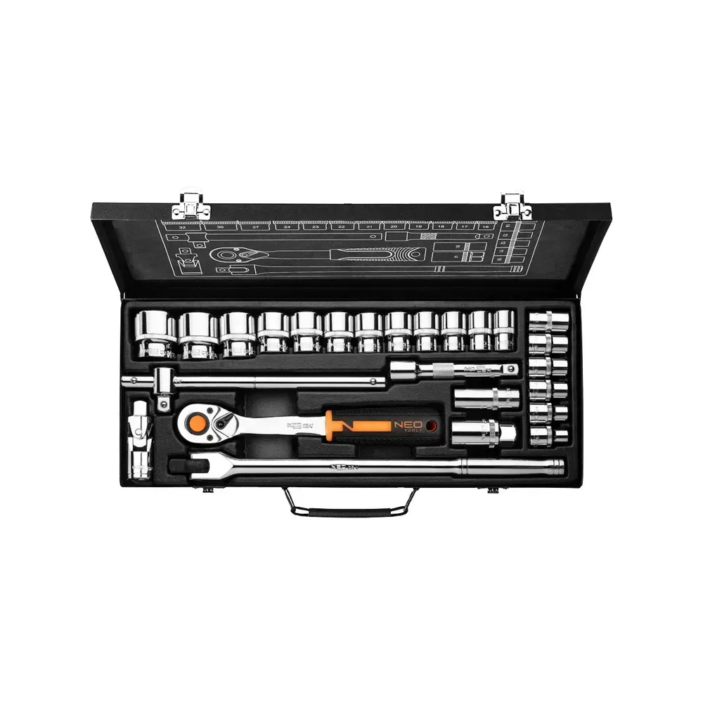 Professional socket set with 18 hex sockets, spark plug sockets, and extensions