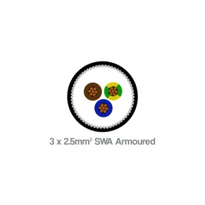 2.5mm² 3 core SWA armoured cable, XLPE/LSZH, black sheath - overall view