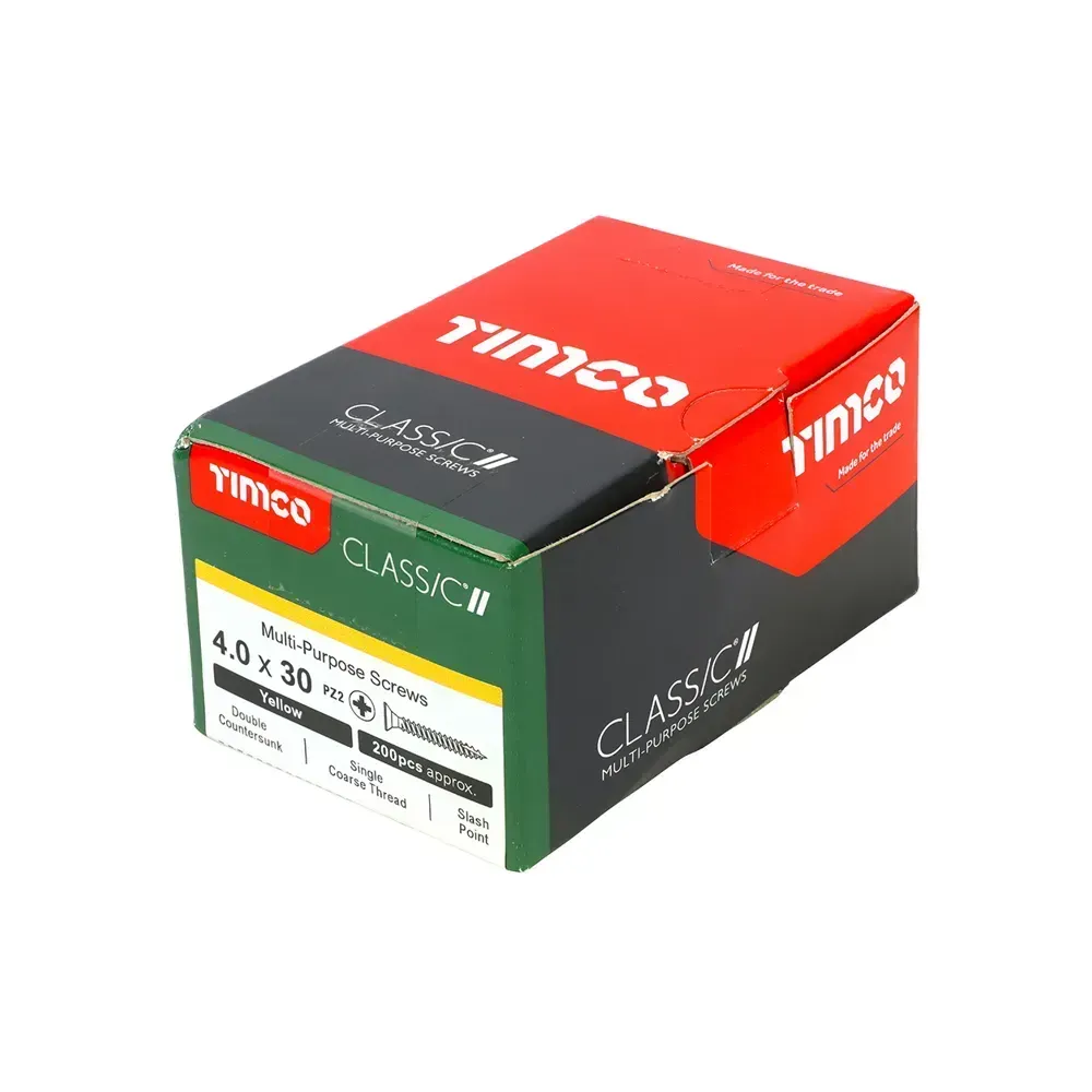 4.0 x 30mm yellow zinc double countersunk multi-purpose screw with PZ2 recess.