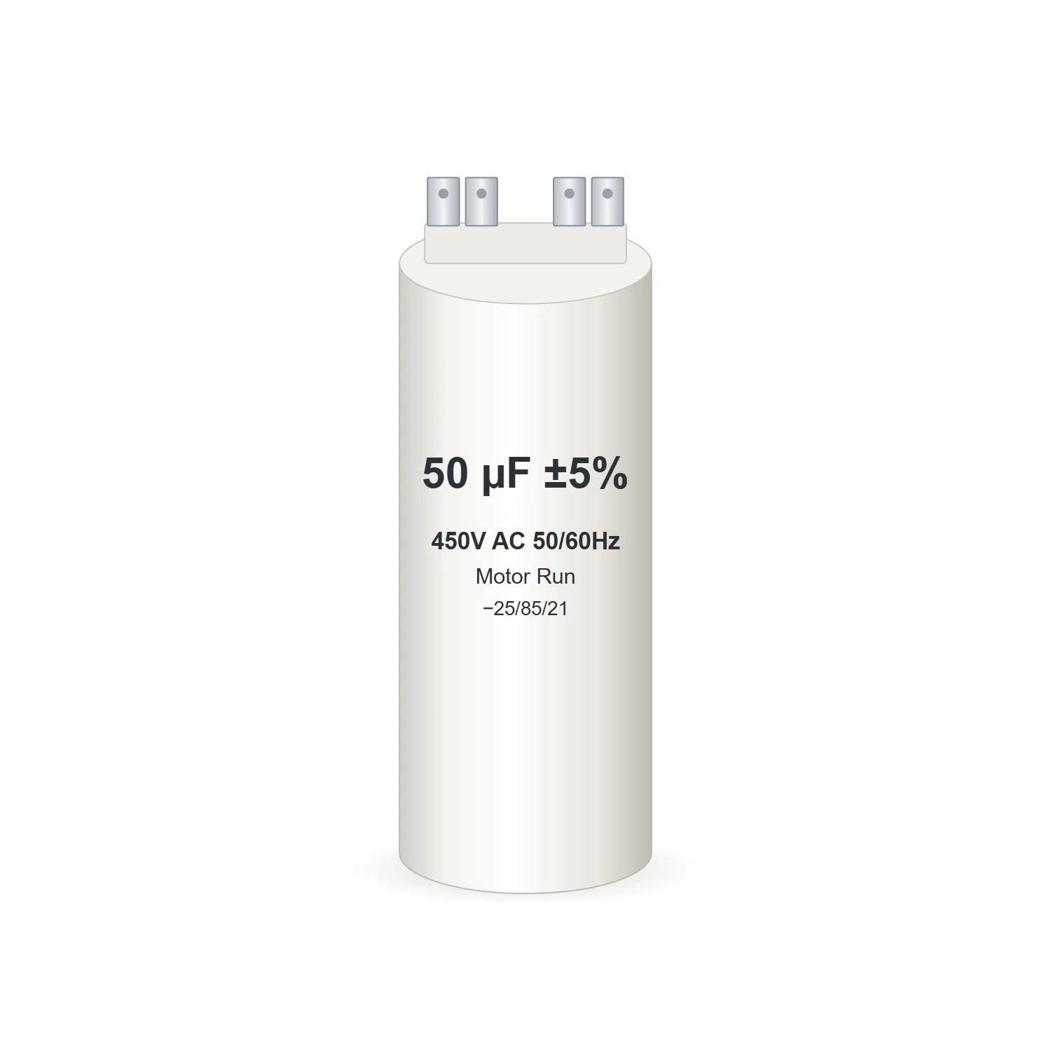 50 µF 450V motor run capacitor with 6.3mm double spade terminals (illustration)