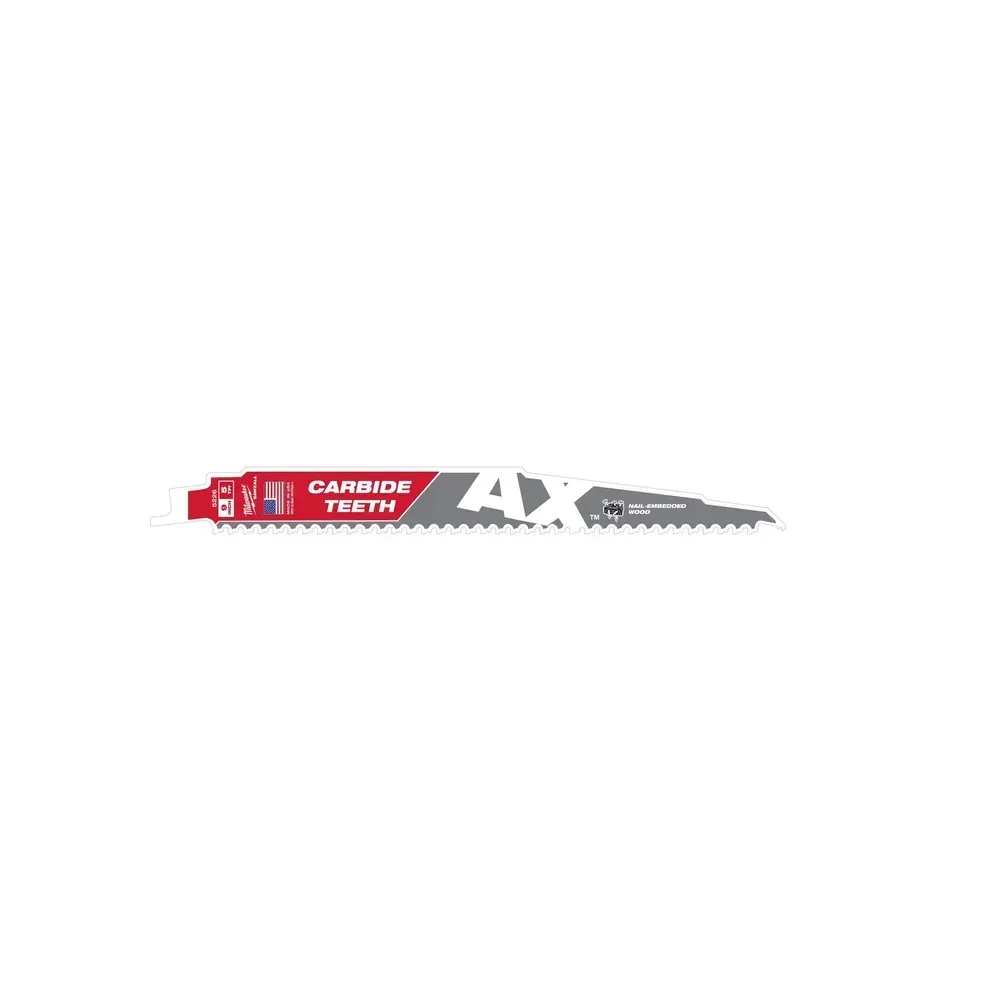 Milwaukee TCT AX 230mm Sawzall Blade for heavy-duty demolition with carbide teeth, NAIL GUARD, and FANG TIP for precise and fast cutting in wood, nails, and tough materials.