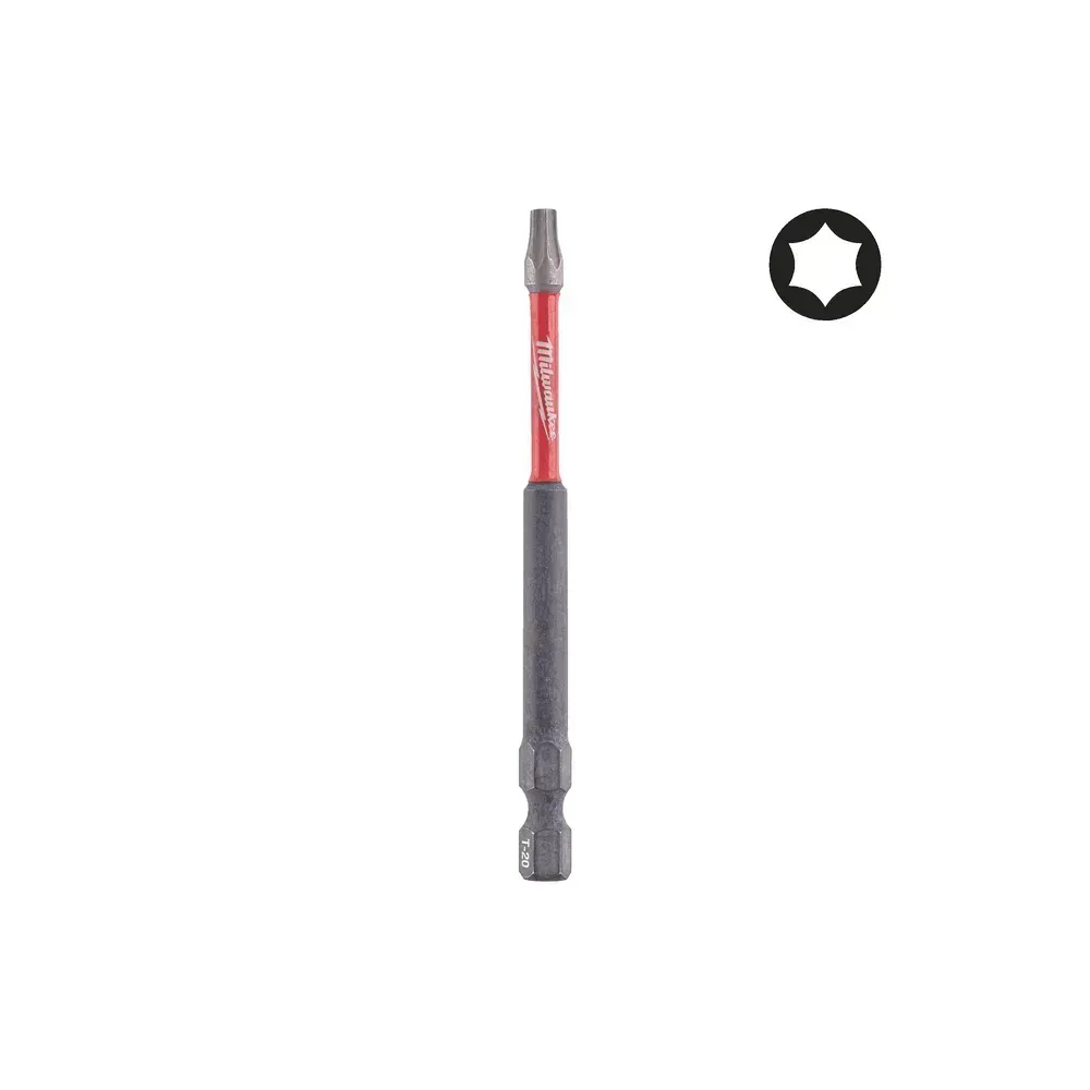 Milwaukee SHOCKWAVE TX20 90 mm Impact Duty Screwdriving Bit with Wear Guard Tip, Shock Zone geometry, and custom-engineered steel for heavy-duty applications.