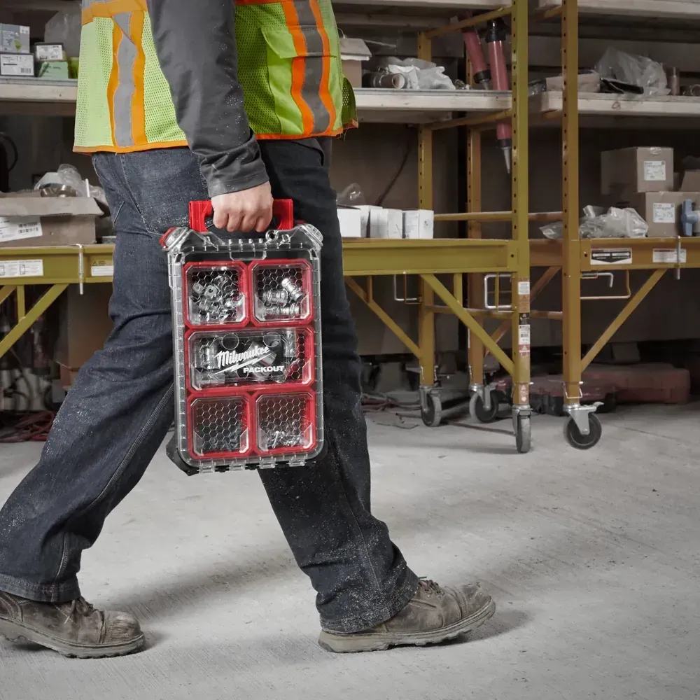 Jobsite tool organiser by Milwaukee with 10 removable bins and weather protection