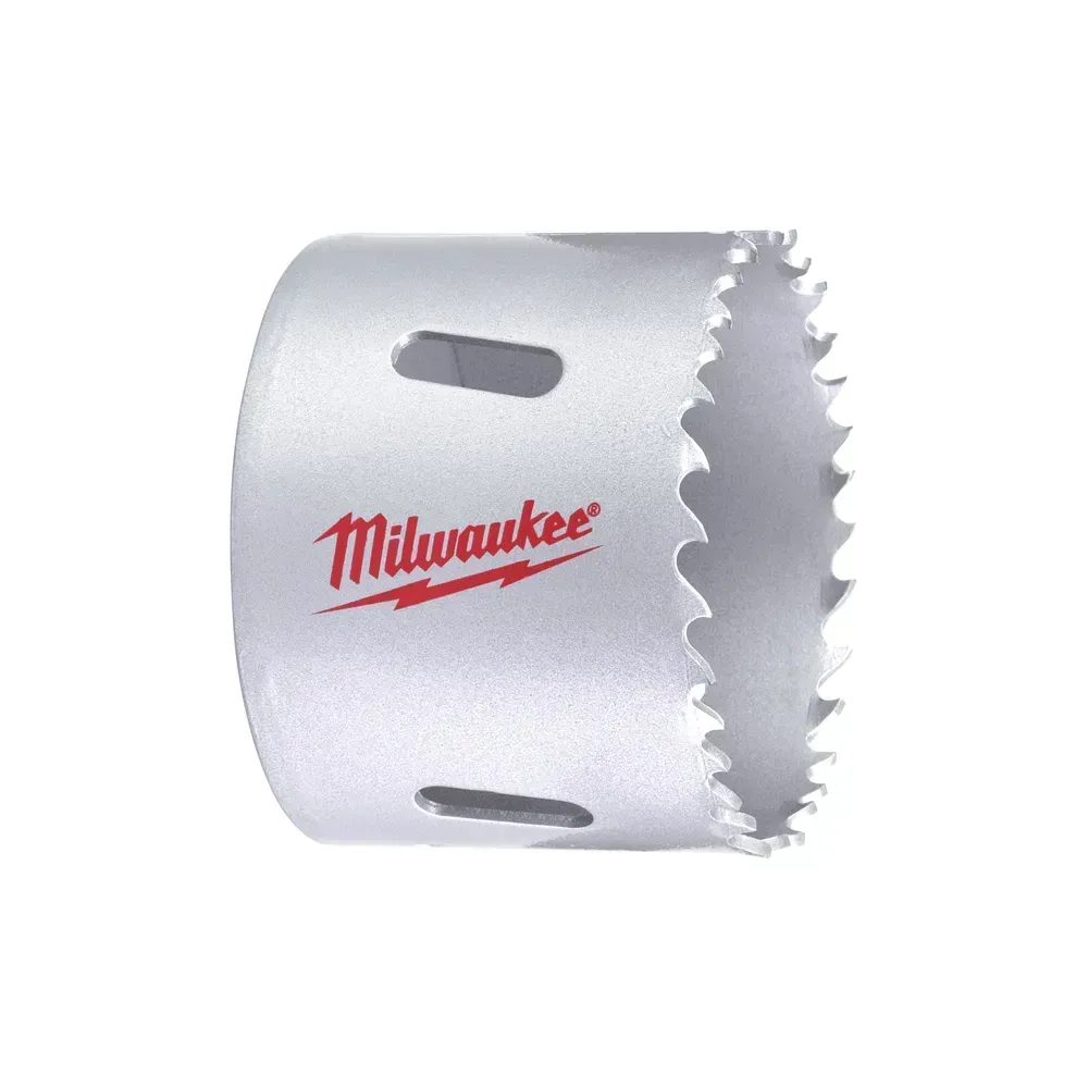 Milwaukee 57mm bi-metal contractor holesaw with optimized tooth geometry.