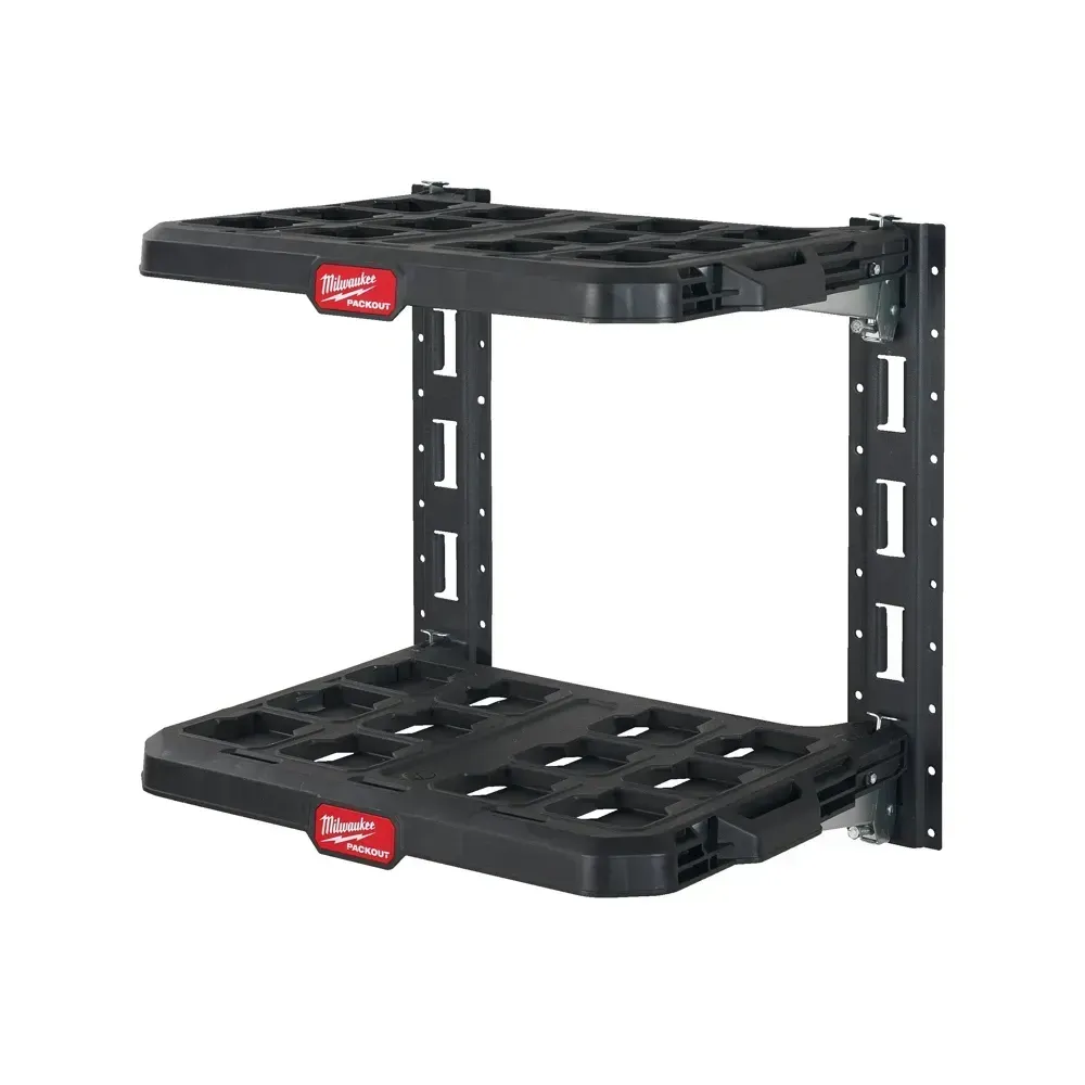 Modular Milwaukee Packout storage rack featuring quick release shelves