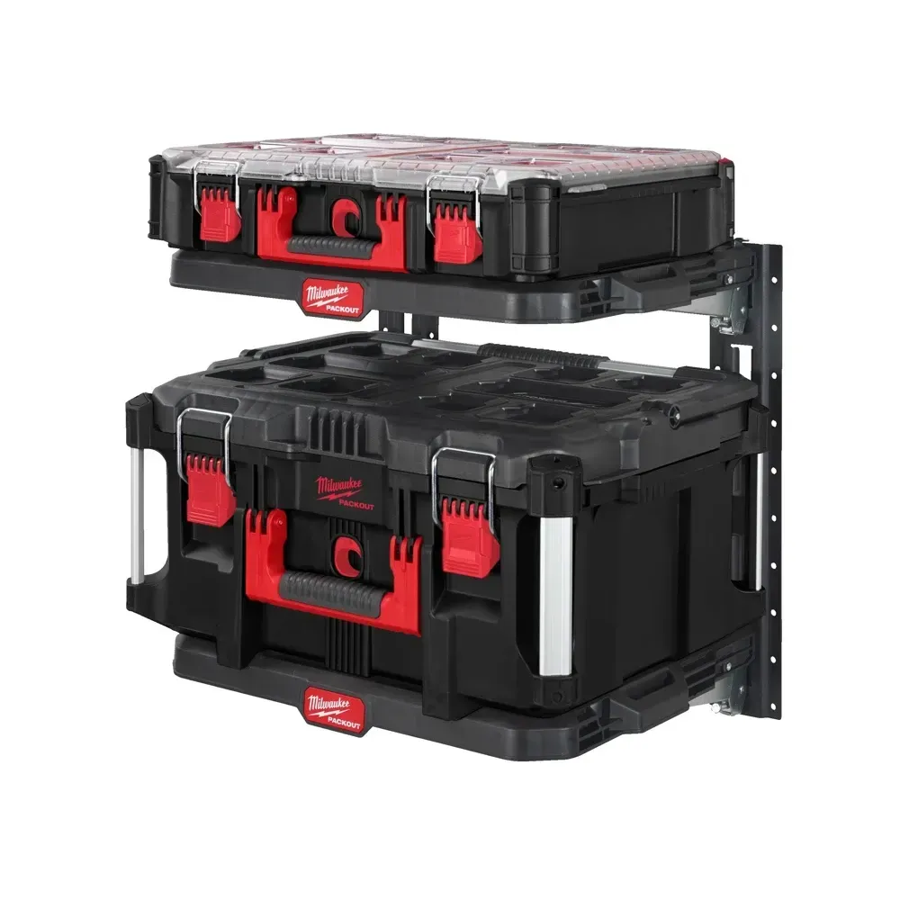 Milwaukee Packout Racking System Kit with wall-mounted E-Track rails and shelves