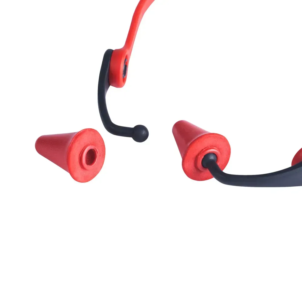 Durable banded ear plugs with pivoting arms for secure wearing