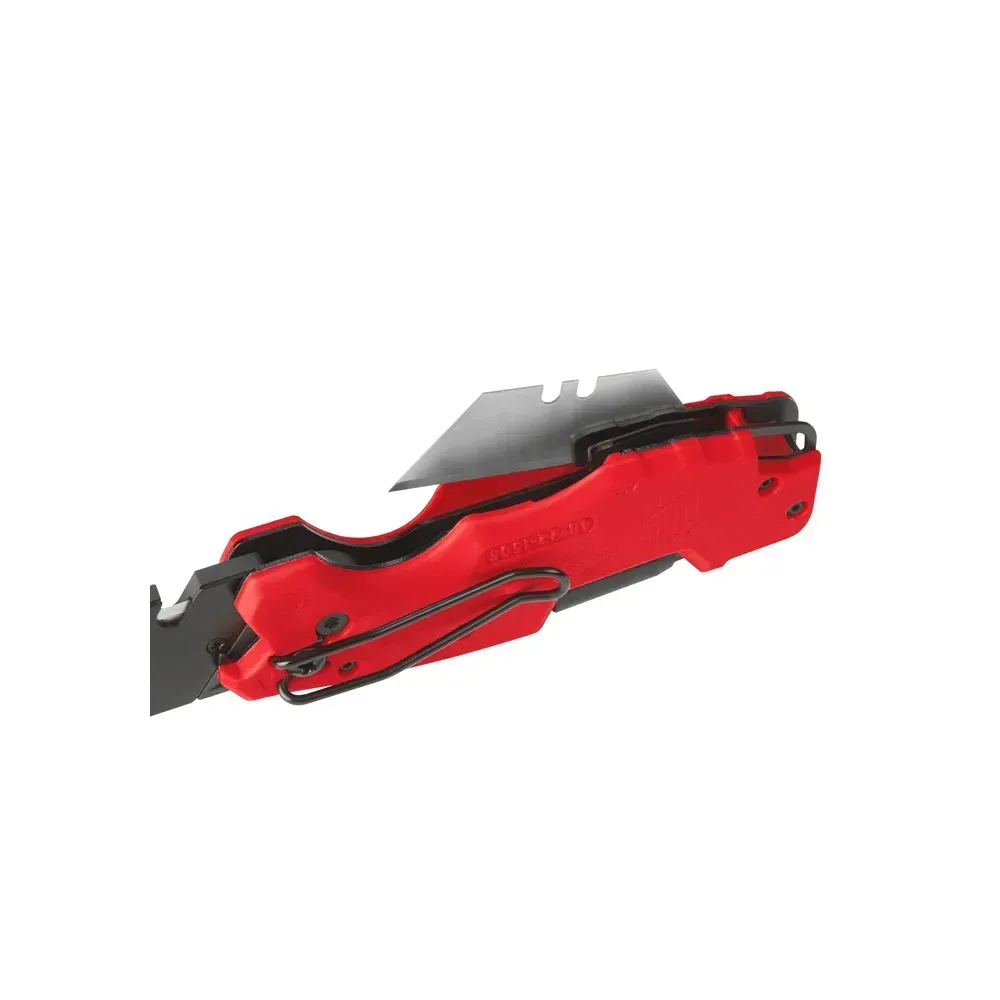 Milwaukee Fastback 6-in-1 utility knife with Hex bit holder and belt clip.