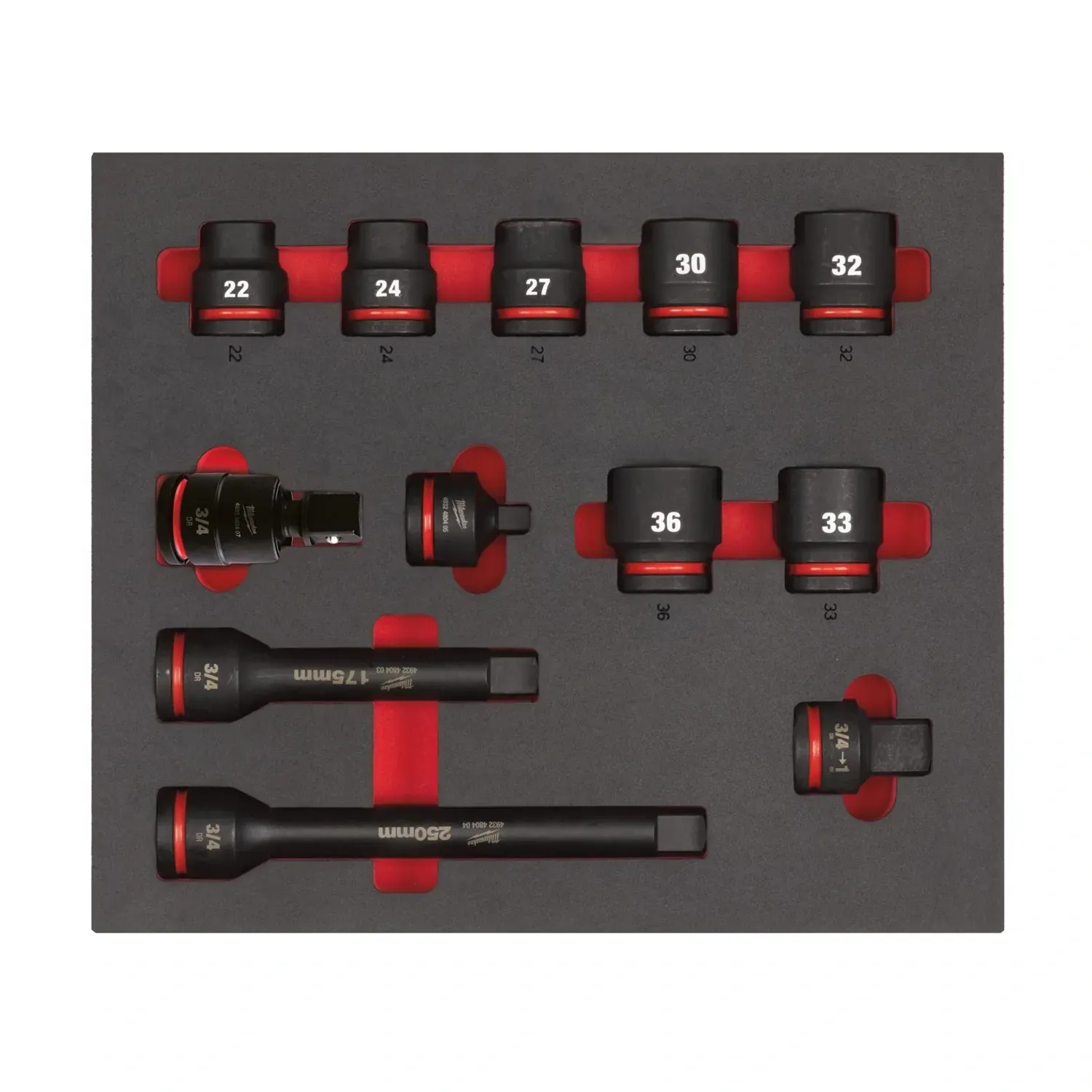 Milwaukee 12-piece ¾ inch SHOCKWAVE IMPACT DUTY socket set foam insert