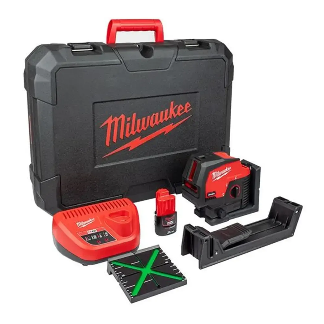 4933478245 - Milwaukee M12cllp-301c Green Cross Line Laser C/w Plumb Points & M12b3 Battery