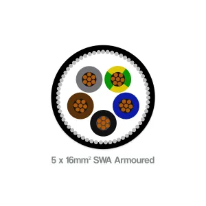16mm² 5 core SWA armoured cable with black LSZH sheath and colour-coded cores