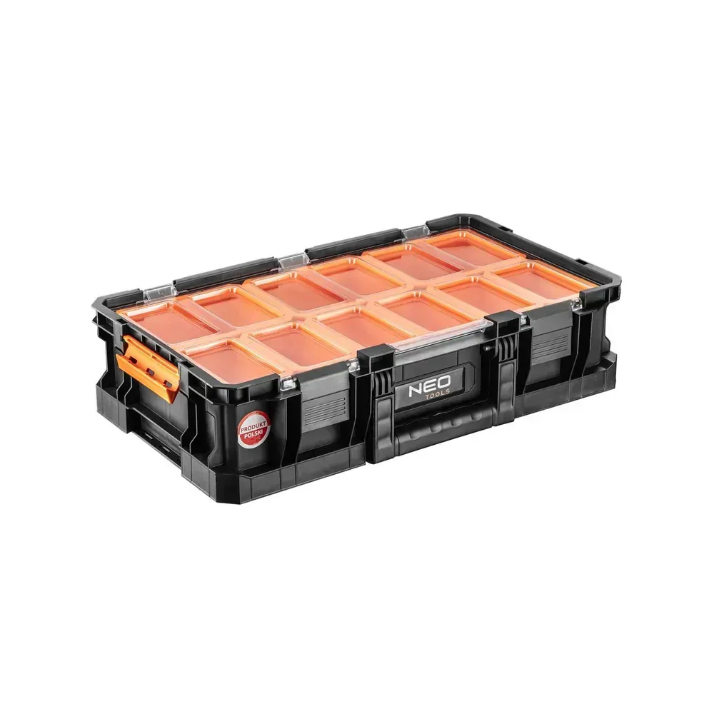 Modular system organizer with 9 bins, polycarbonate cover, and extendable handle