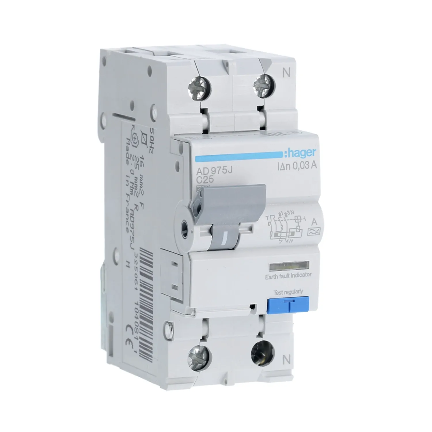 Hager RCBO 1P+N 25A 30mA C Curve Type A