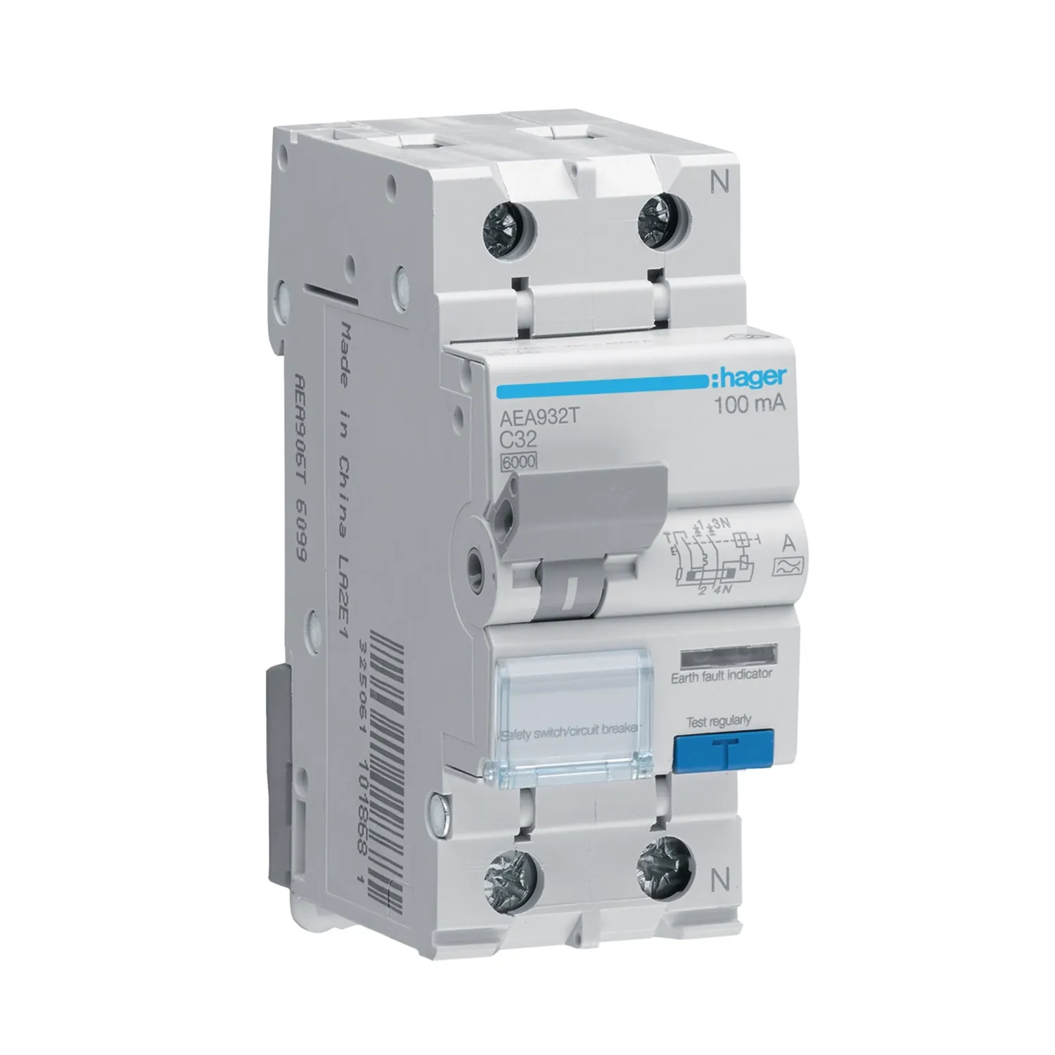 Hager RCBO 1P+N 32A 100mA C Curve Type A