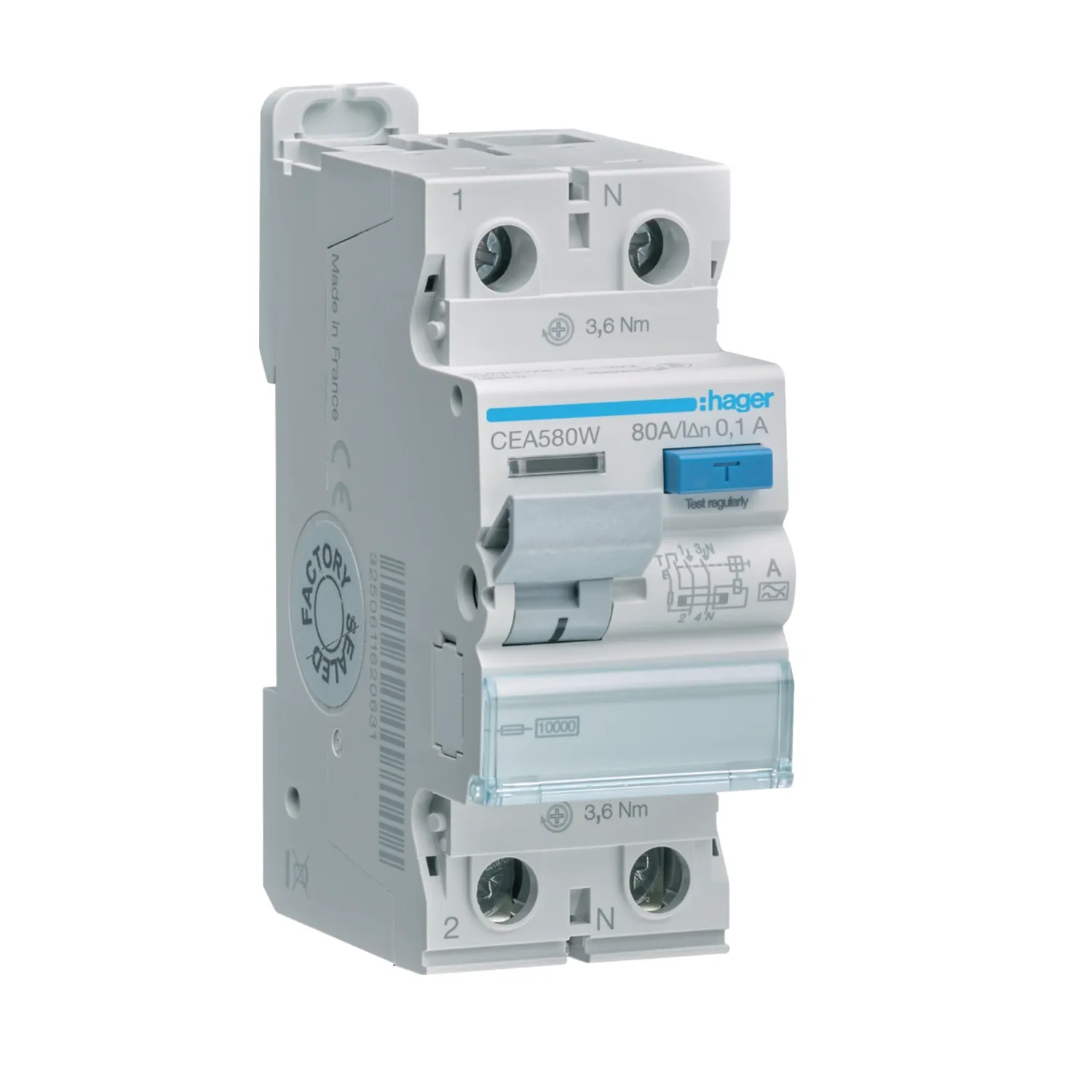 Hager CEA580W 80A 100mA 1P+N RCD Type A 10kA