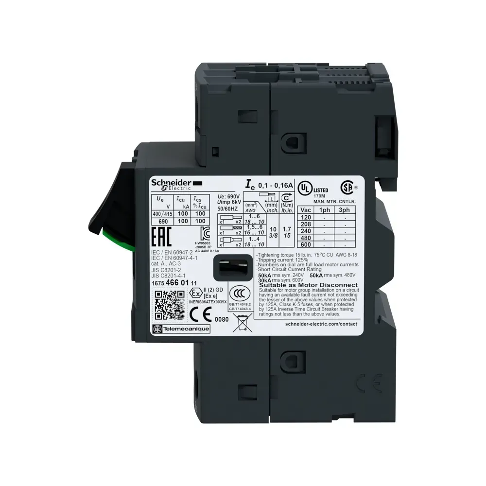 3-pole Schneider GV2ME22 breaker for motor control