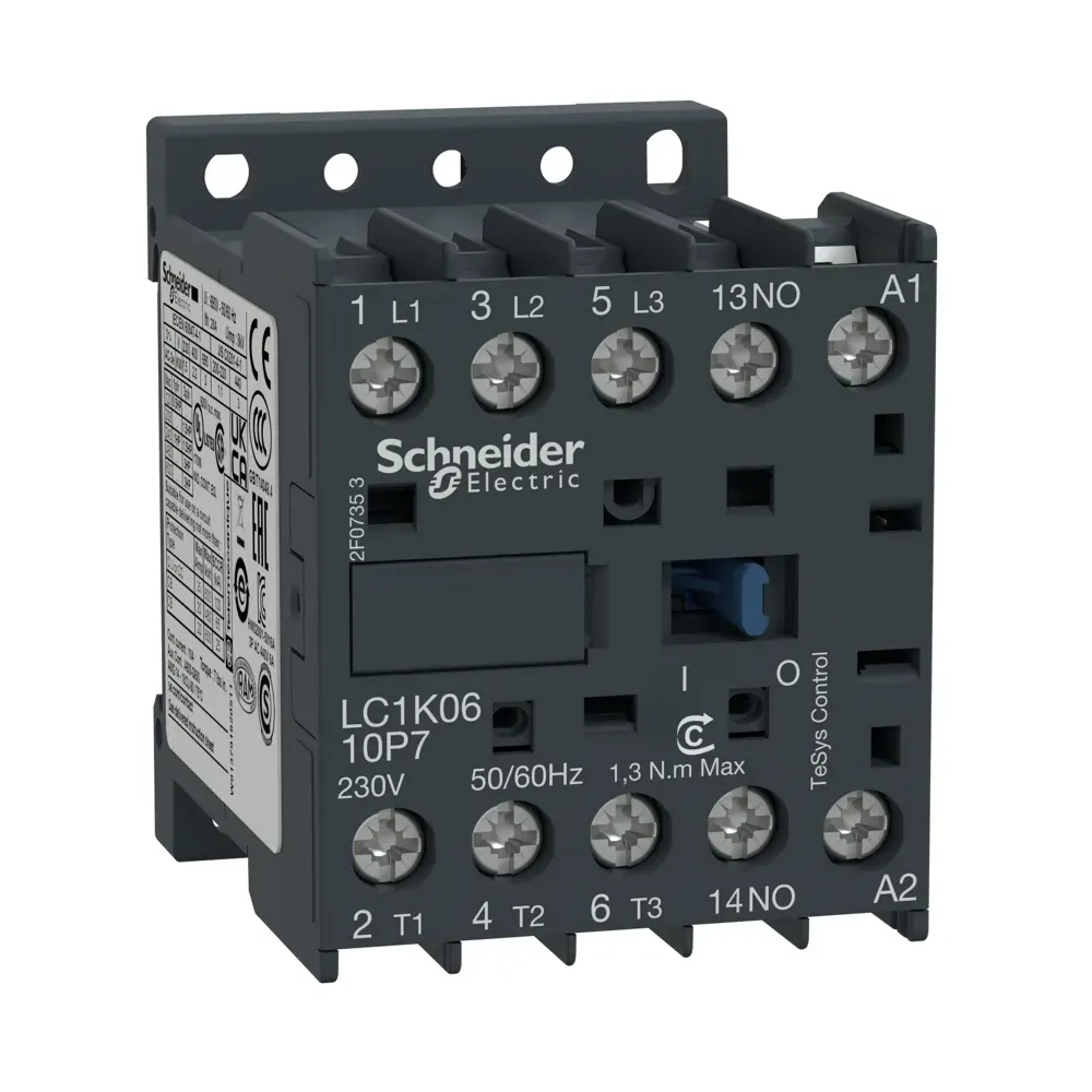 Front view of Schneider TeSys K LC1K0910P7 3P mini contactor