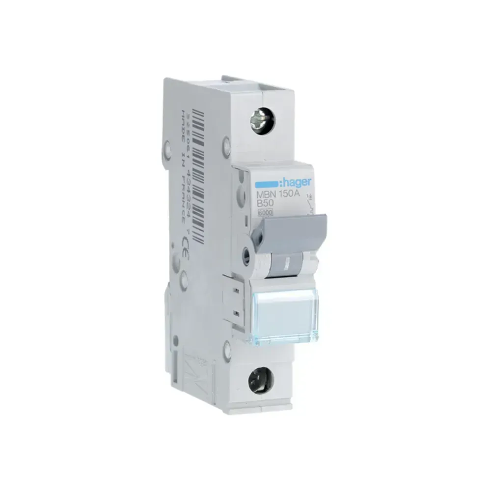 Hager MCB 1-pole 50A B type breaker with 6kA breaking capacity.