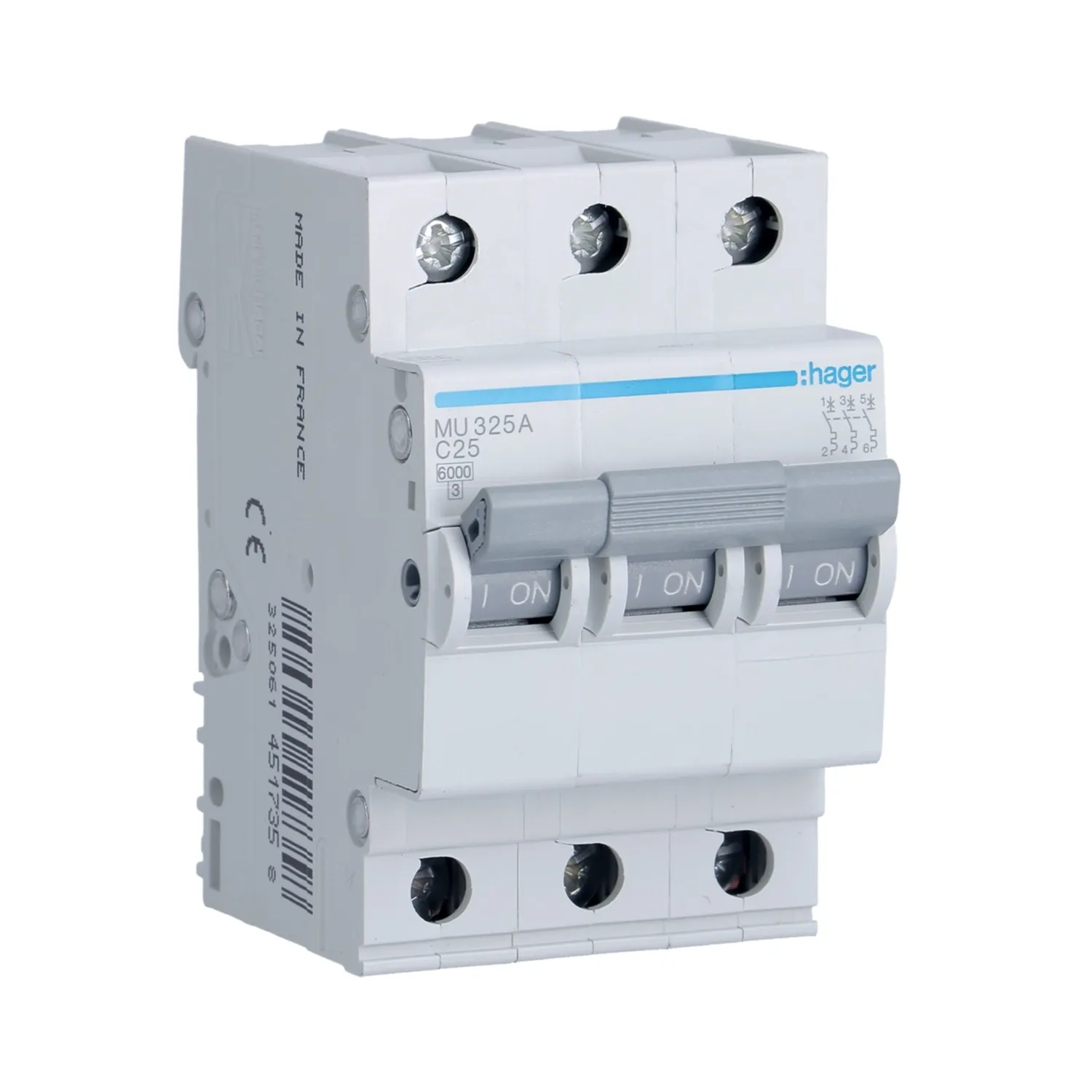 Hager MU325A 25A 3P C-Curve MCB 6kA - 400V AC