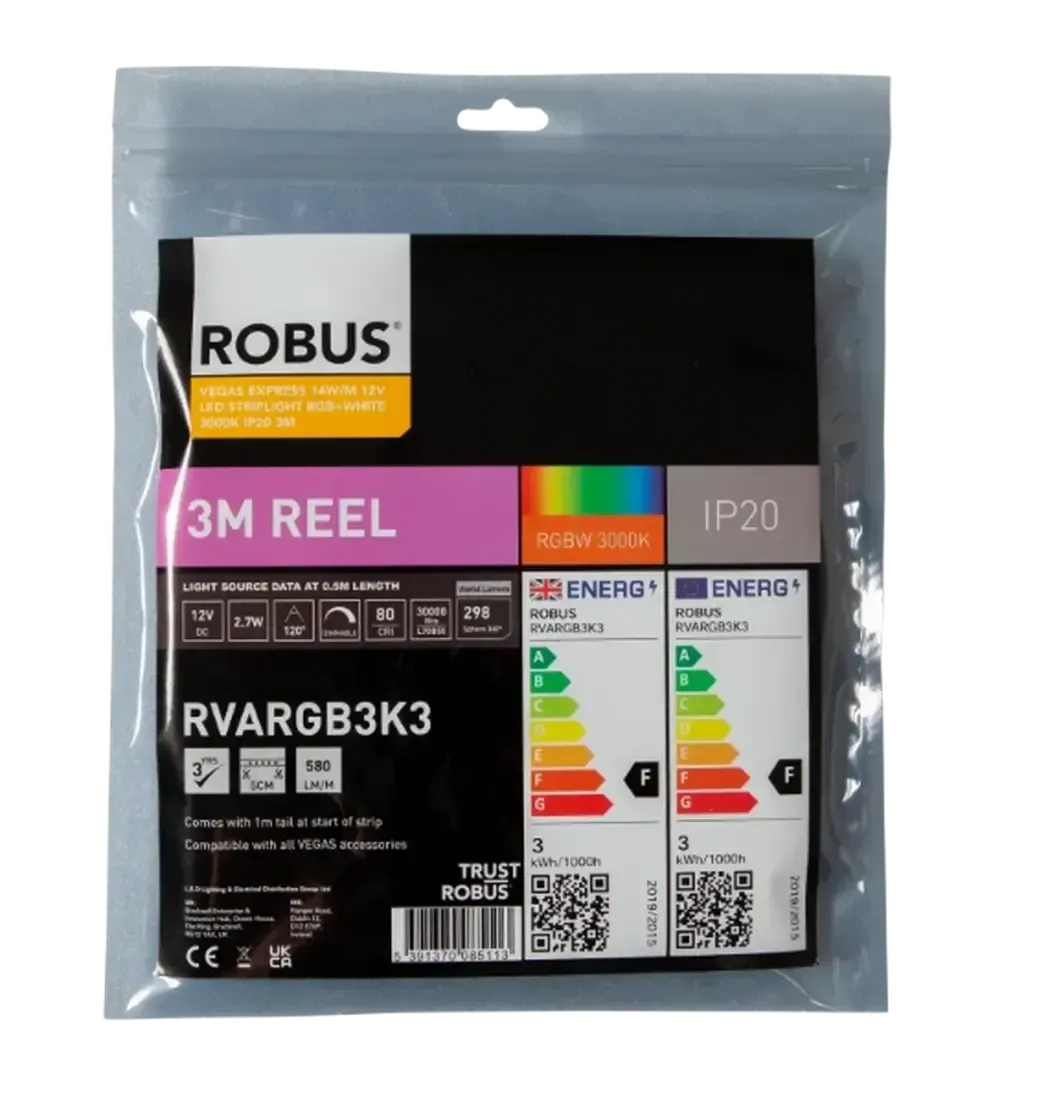 RVARGB3K3 - Robus Vegas Express 14W/m 12V LED Striplight RGB+White 3000K IP20 3m