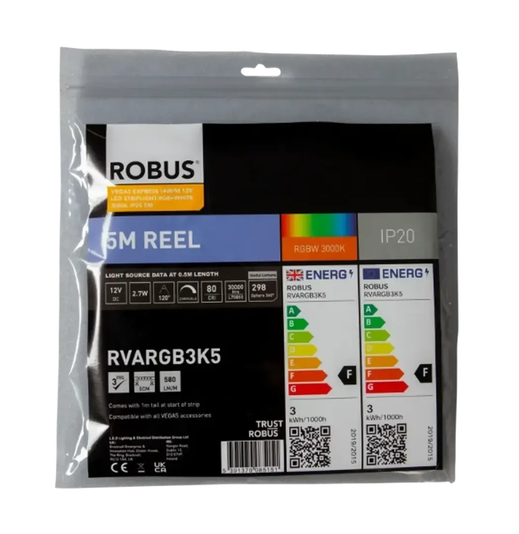 RVARGB3K5 - Robus Vegas Express 14W/m 12V LED Striplight RGB+White 3000K IP20 5m