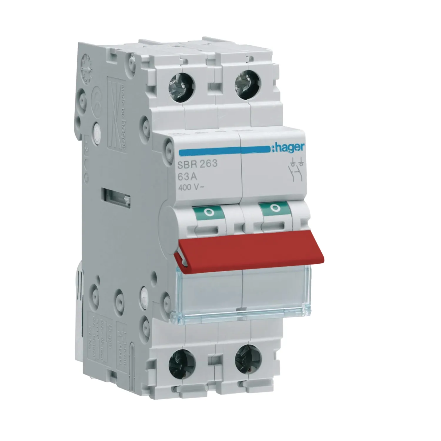 Hager SBR263 63A 2P Isolator Switch Red Toggle - 400V AC