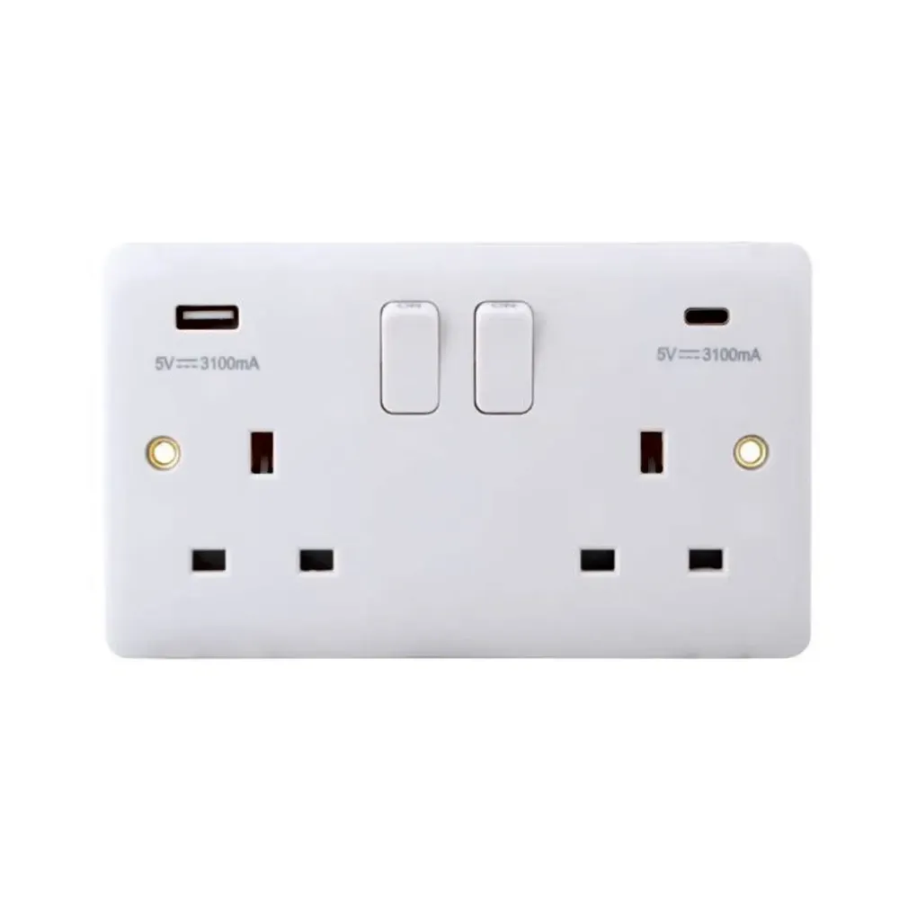 White 2 gang switched socket with integrated USB A and C ports