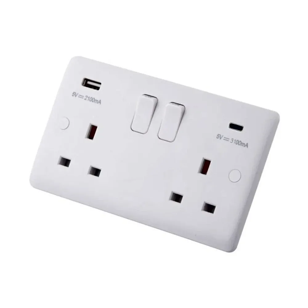 Wall-mounted 13A double socket in white, with dual switches and USB charging options