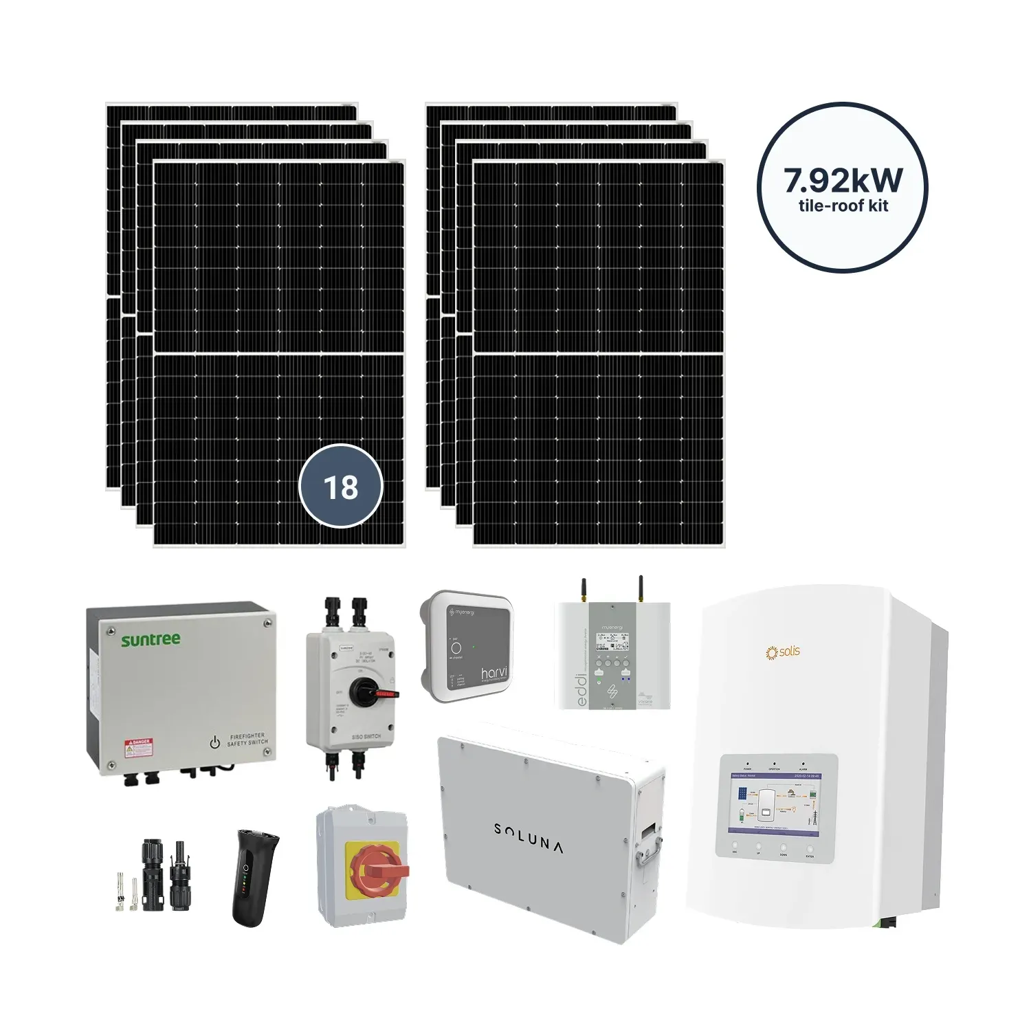 7.92kW solar kit for tile roofs: 18 monocrystalline panels, Solis 5.0kW hybrid inverter, Soluna 5K battery, eddi energy diverter, harvi sensor, firefighter switch, DC isolator, and MC4 connectors