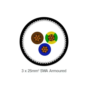 25mm² 3 core SWA armoured cable showing black LSZH sheath and steel wire armour