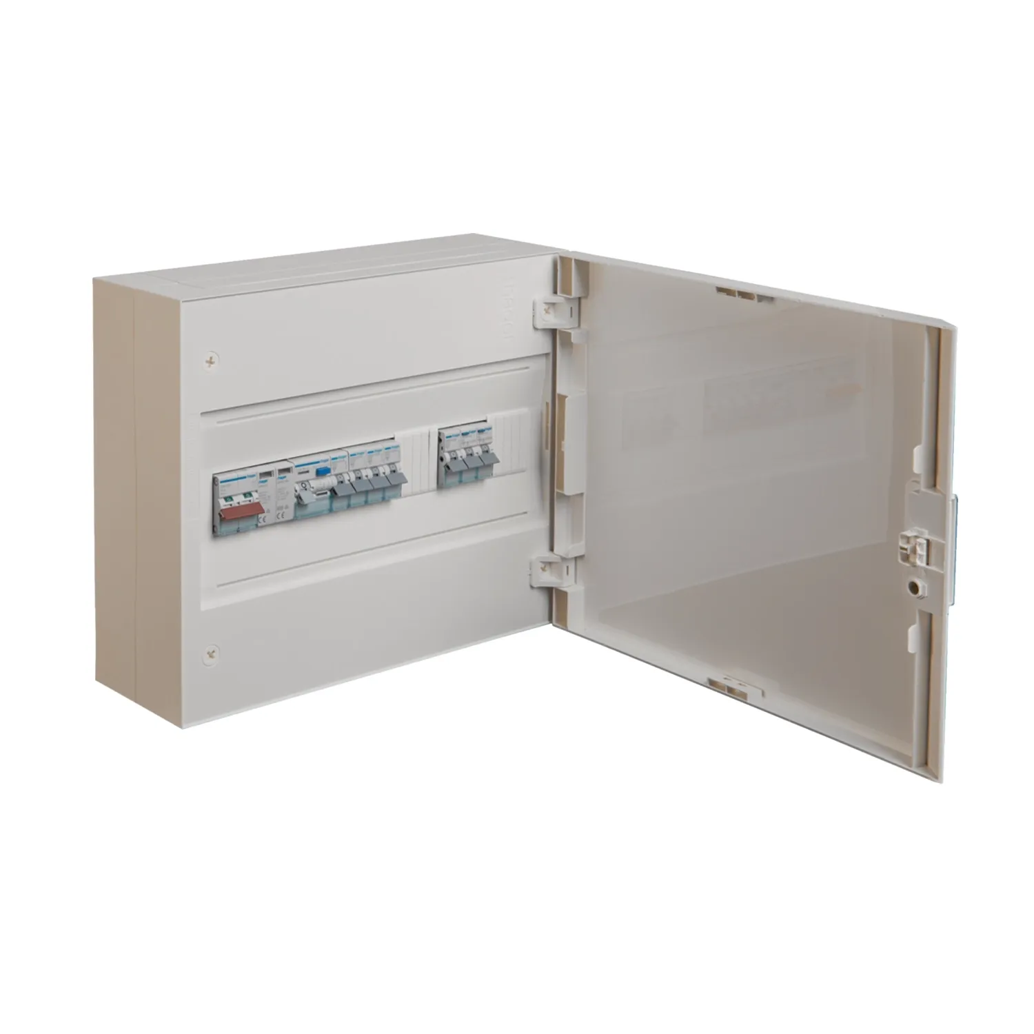 Hager Vega 1Row 18Mod Surface 63A SPD Consumer Unit with 2x6A RCBOs 1xRCD