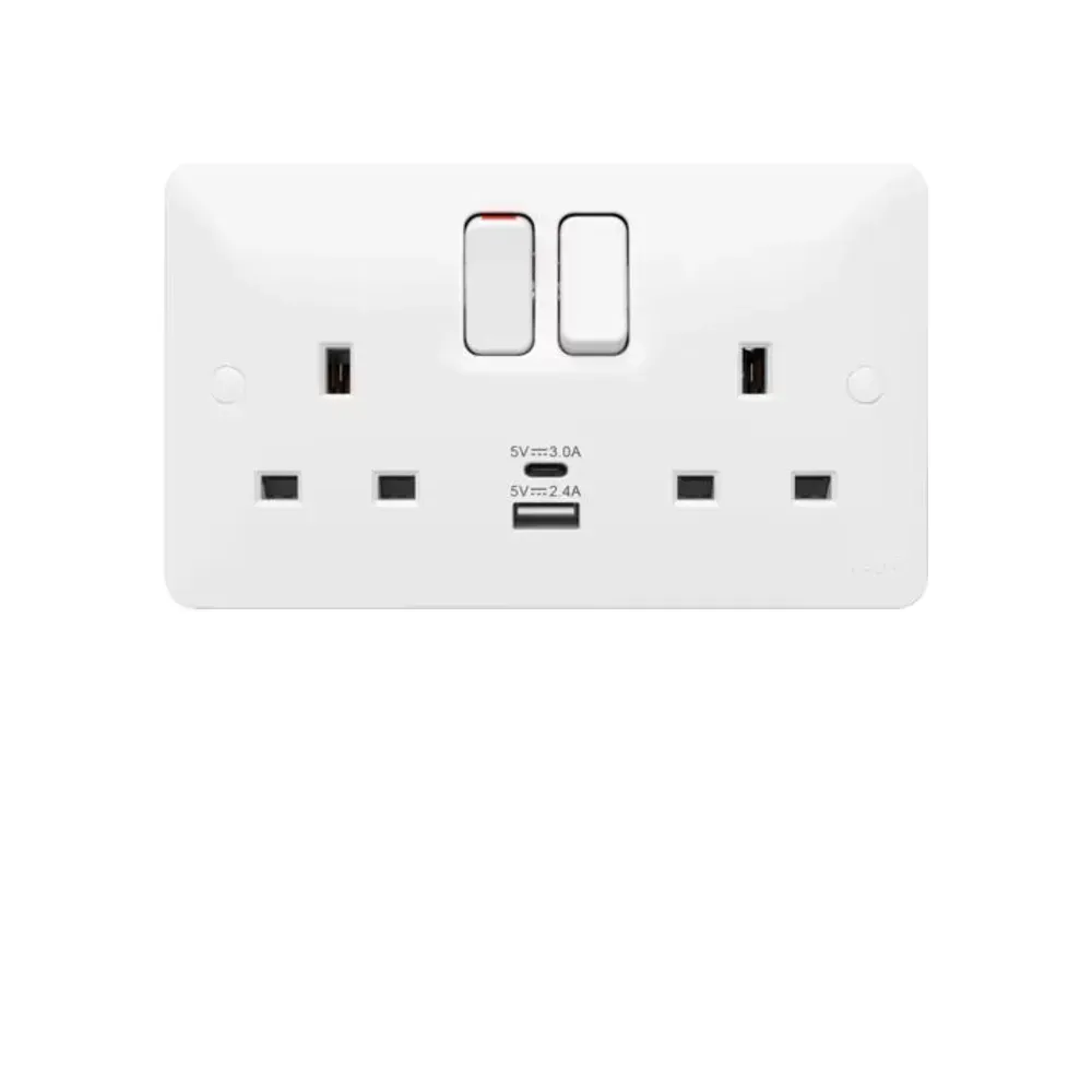 Hager 2-Gang DP Switched Socket with USB A and USB C - White