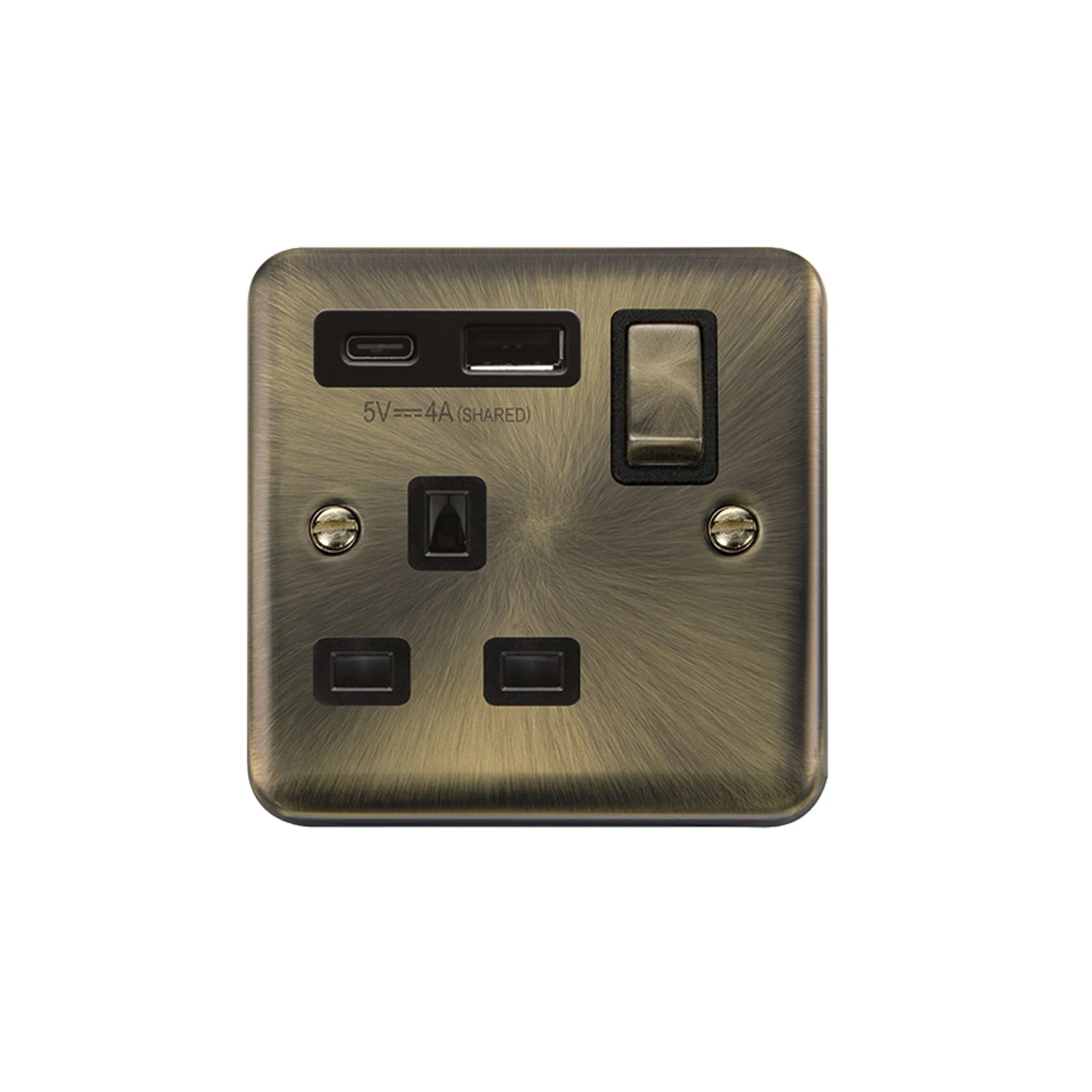 Click Deco Plus DPAB1585BKRB socket 1g 13a switched with usb a & usb c outlets 4a antique brass black insert red block