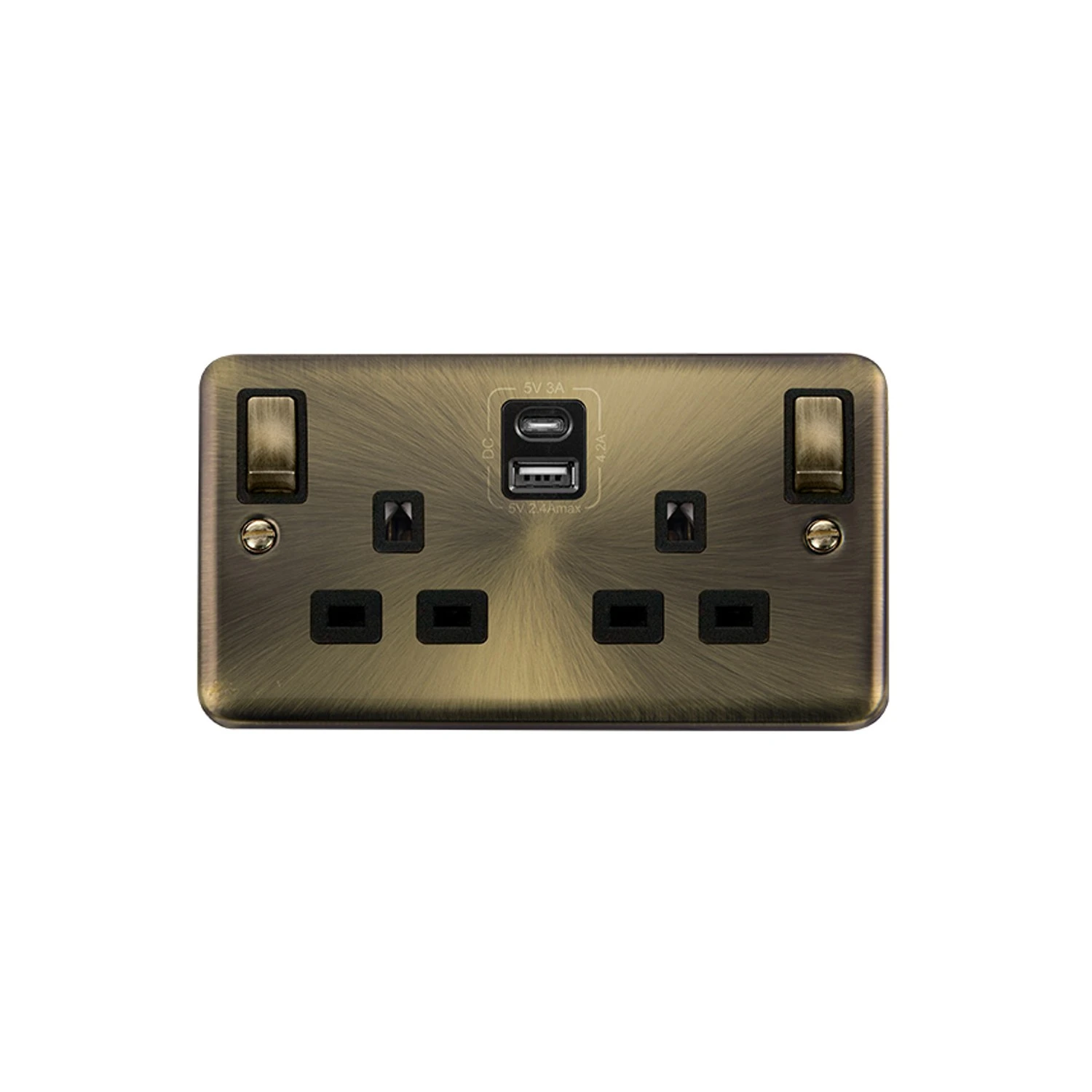 Click Deco Plus DPAB1586BKRB socket 2g 13a switched with usb a & usb c outlets 4.2a antique brass black insert red block