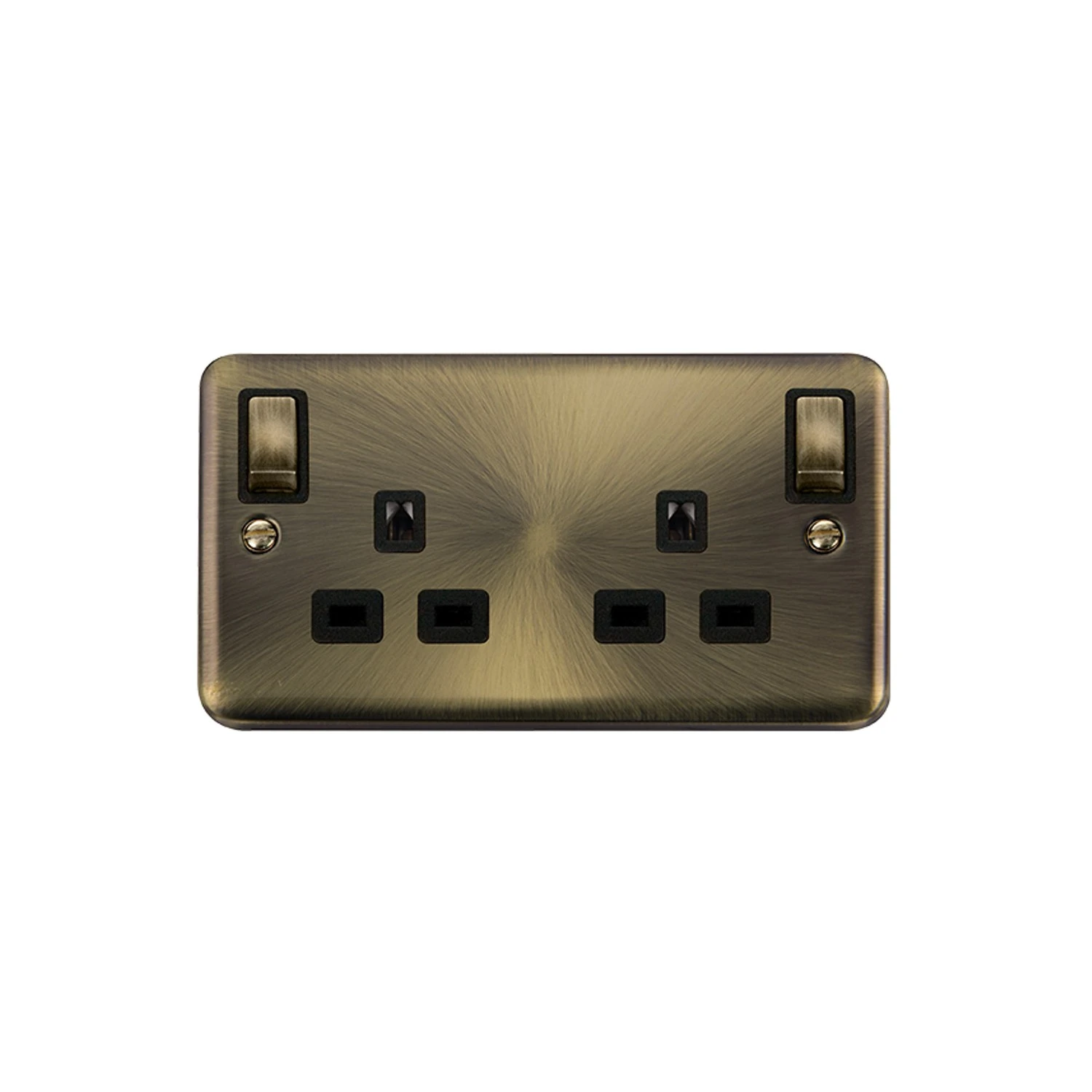 Click Deco Plus DPAB1836BKRB socket 2g 13a dp switched safety shutter outboard rockers antique brass black insert red block