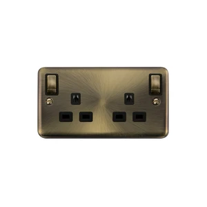 Click Deco Plus DPAB1836BKRB socket 2g 13a dp switched safety shutter outboard rockers antique brass black insert red block