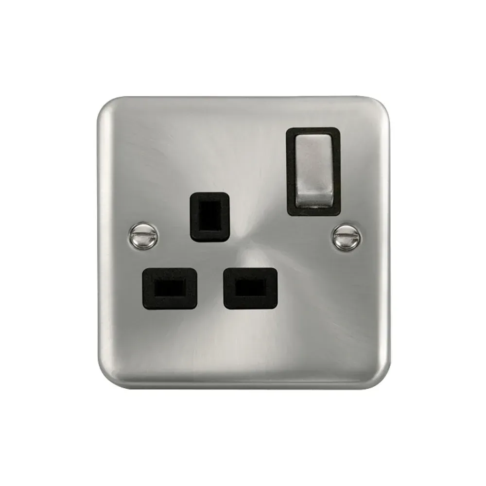 Click Deco+ satin chrome 13A single gang switched socket DPSC535BK front view