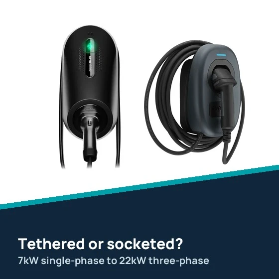 Tethered and socketed EV chargers, 7kW to 22kW