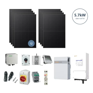 5.7kW solar kit for slate roofs: 12 Longi Hi-MO X10 475W full-black panels, Solis S6 3.6kW hybrid inverter, Solis IntelliHome 5kWh battery, eddi diverter, harvi sensor, firefighter switch, DC isolator, Garo RCBO and MC4 connectors