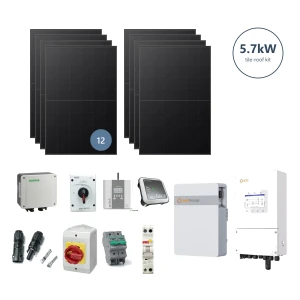 5.7kW solar kit for tile roofs: 12 Longi Hi-MO X10 475W full-black panels, Solis S6 3.6kW hybrid inverter, Solis IntelliHome 5kWh battery, eddi diverter, harvi sensor, firefighter switch, DC isolator, Garo RCBO and MC4 connectors