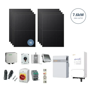 7.6kW solar kit for slate roofs: 16 Longi Hi-MO X10 475W full-black panels, Solis S6 5kW hybrid inverter, Solis IntelliHome 5kWh battery, eddi diverter, harvi sensor, firefighter switch, DC isolator, Garo RCBO and MC4 connectors