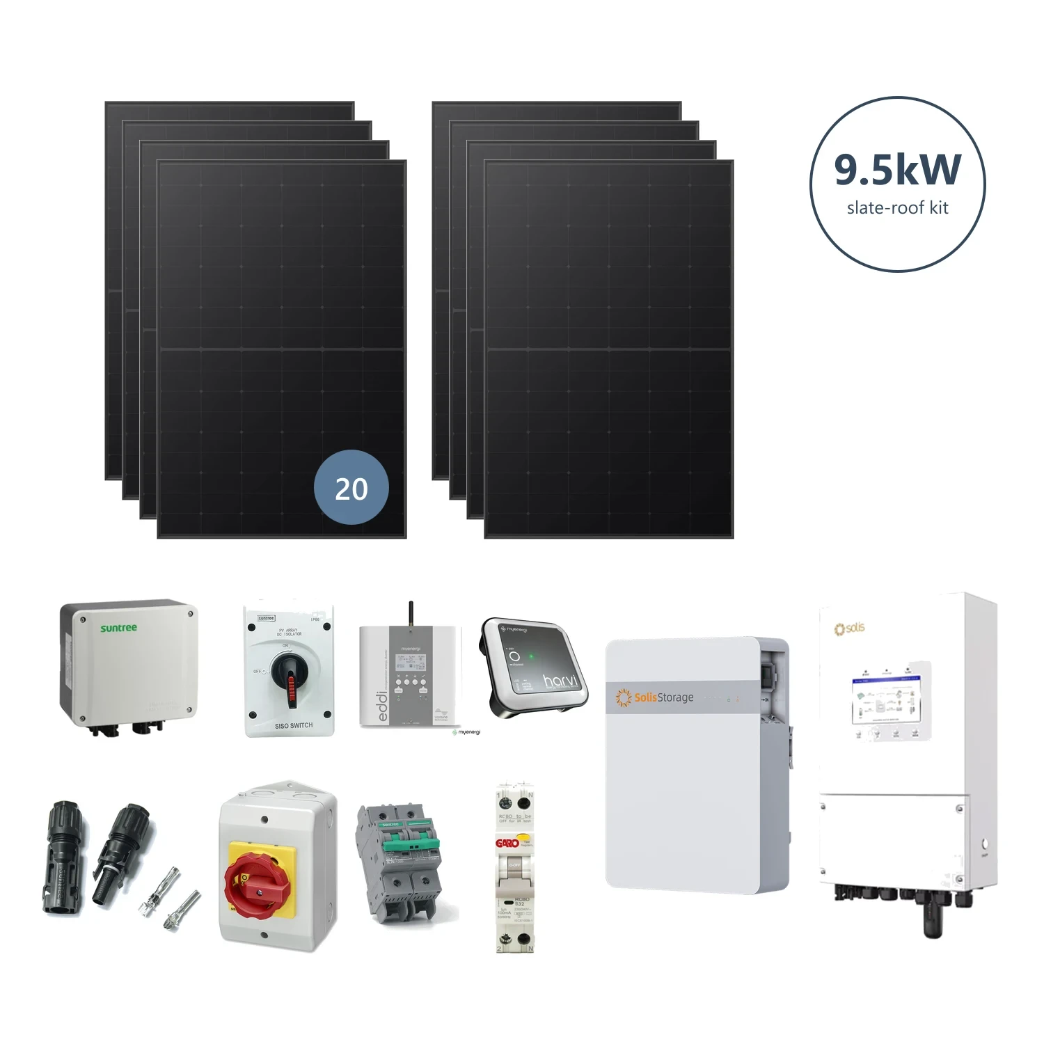 9.5kW solar kit for slate roofs: 20 Longi Hi-MO X10 475W full-black panels, Solis S6 5kW hybrid inverter, Solis IntelliHome 5kWh battery, eddi diverter, harvi sensor, firefighter switch, DC isolator, Garo RCBO and MC4 connectors
